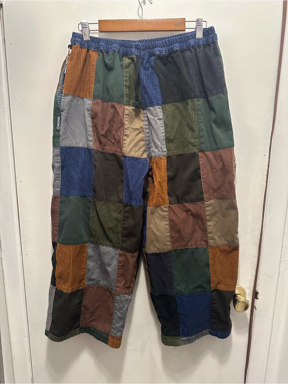 IXCHEL Patchwork Corduroy Shorts Multicolor Elastic Waist Streetwear Size L